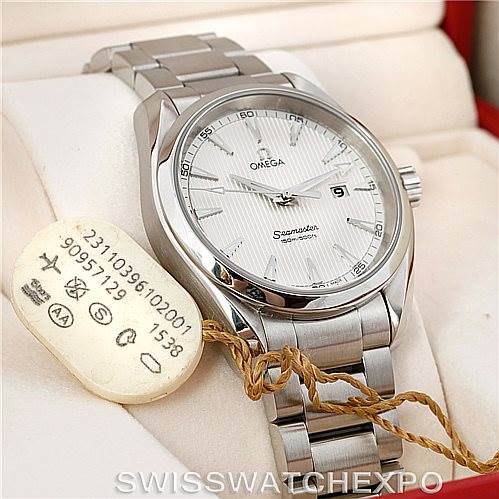 The image shows an Omega Aqua Terra 231.10.39.61.02.001 Men's Stainless Steel Silver Dial 231.10.39.61.02.001 Men's Stainless Steel Silver Dial watch at a slight diagonal angle, displaying the dial, bracelet, and tag.