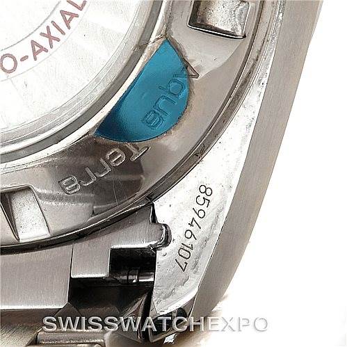 This close-up image shows the case back and serial number of the Omega Aqua Terra 231.10.43.22.01.001 Men
s Stainless Steel Black Dial 231.10.43.22.01.001 Men
s Stainless Steel Black Dial watch.