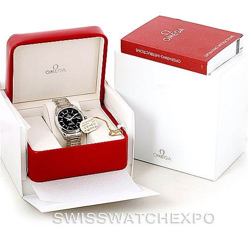 The Omega Aqua Terra 231.10.43.22.01.001 Men
s Stainless Steel Black Dial 231.10.43.22.01.001 Men
s Stainless Steel Black Dial watch is displayed at a slight angle in its open box, with a manual and outer box visible.