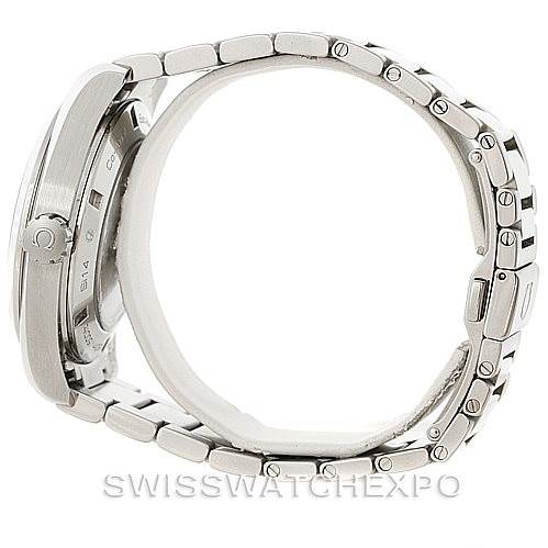 The image shows a side view of an Omega Aqua Terra 231.10.43.22.01.001 Men
s Stainless Steel Black Dial 231.10.43.22.01.001 Men
s Stainless Steel Black Dial watch, focusing on its case, crown, and metal bracelet.