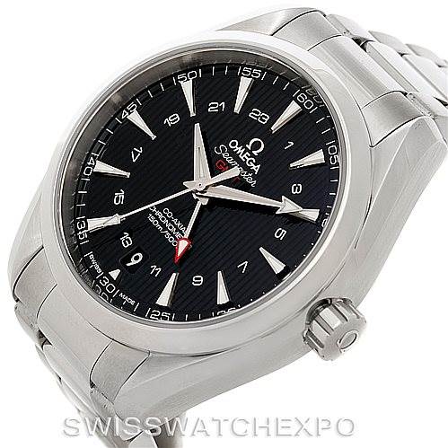 The image shows an Omega Aqua Terra 231.10.43.22.01.001 Men
s Stainless Steel Black Dial 231.10.43.22.01.001 Men
s Stainless Steel Black Dial watch from a tilted front angle, highlighting the face, bezel, crown, and part of the bracelet.