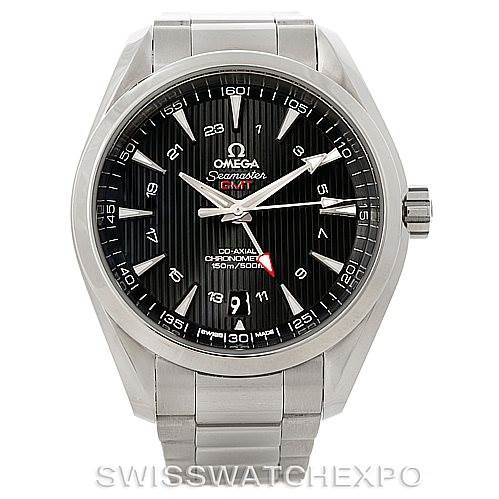 The Omega Aqua Terra 231.10.43.22.01.001 Men
s Stainless Steel Black Dial 231.10.43.22.01.001 Men
s Stainless Steel Black Dial watch is shown from a front angle, displaying its black dial, silver hour markers, and stainless steel bracelet.