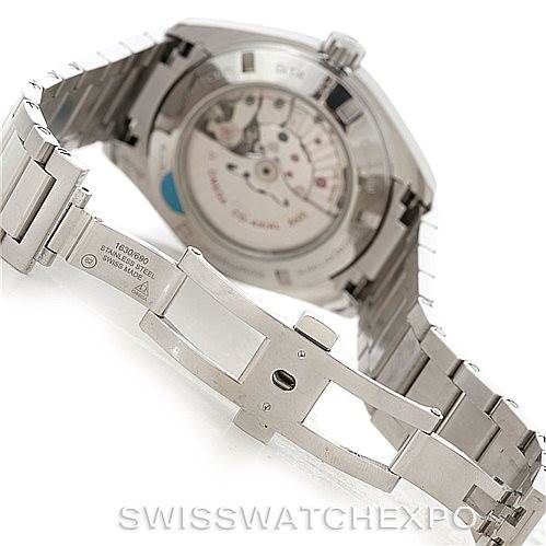 This image shows the Omega Aqua Terra 231.10.43.22.01.001 Men
s Stainless Steel Black Dial 231.10.43.22.01.001 Men
s Stainless Steel Black Dial watch from an angled rear view, focusing on the open clasp and partial movement.