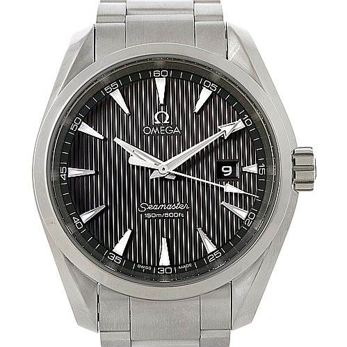 This image shows a front view of the Omega Aqua Terra 231.10.39.61.06.001 Men
s Stainless Steel Silver Dial 231.10.39.61.06.001 Men
s Stainless Steel Silver Dial watch, featuring its dial, hands, date window, and bracelet.