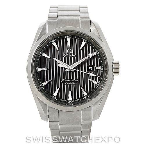 The image shows a frontal view of the Omega Seamaster Aqua Terra watch, highlighting its dial, bezel, bracelet, and crown.