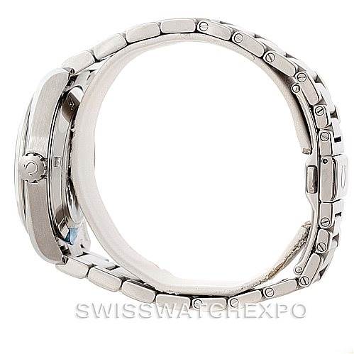 This side view shows the case and bracelet of the Omega Aqua Terra 231.10.39.61.06.001 Men
s Stainless Steel Silver Dial 231.10.39.61.06.001 Men
s Stainless Steel Silver Dial model, highlighting the crown and clasp.