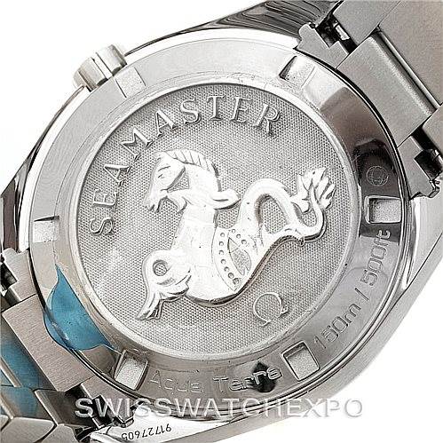 The image shows the case back and part of the bracelet of an Omega Seamaster Aqua Terra watch, displaying the engraved logo and model details.