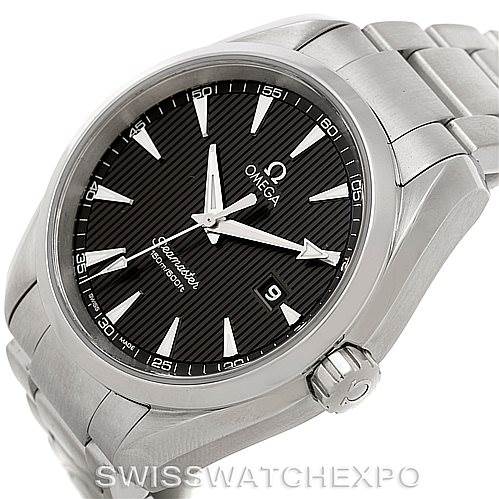 This image shows the dial and part of the bracelet of the Omega Aqua Terra 231.10.39.61.06.001 Men
s Stainless Steel Silver Dial 231.10.39.61.06.001 Men
s Stainless Steel Silver Dial, angled to display the face and date window clearly.