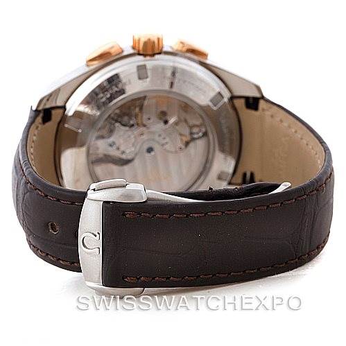 The image shows the back view of the Omega Aqua Terra 231.23.44.50.06.001 Men's Steel and Gold (two tone) Grey Dial 231.23.44.50.06.001 Men's Steel and Gold (two tone) Grey Dial watch, highlighting its leather strap and transparent case back.