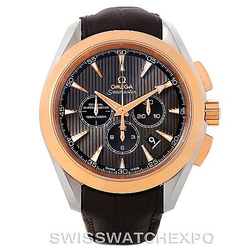 This image shows a front view of an Omega Aqua Terra 231.23.44.50.06.001 Men's Steel and Gold (two tone) Grey Dial 231.23.44.50.06.001 Men's Steel and Gold (two tone) Grey Dial Seamaster watch, highlighting the dial, bezel, crown, and brown leather strap.