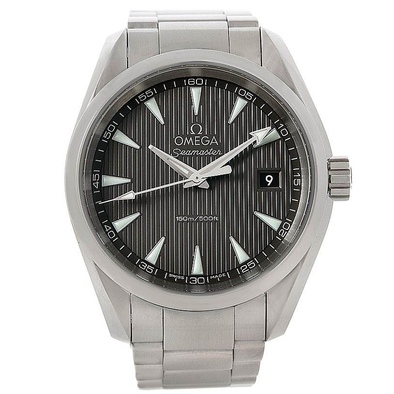 The Omega Aqua Terra 231.10.39.60.06.001 Men
s Stainless Steel Grey Dial 231.10.39.60.06.001 Men
s Stainless Steel Grey Dial watch is shown from a front angle, highlighting the dial, case, hands, date window, and bracelet.