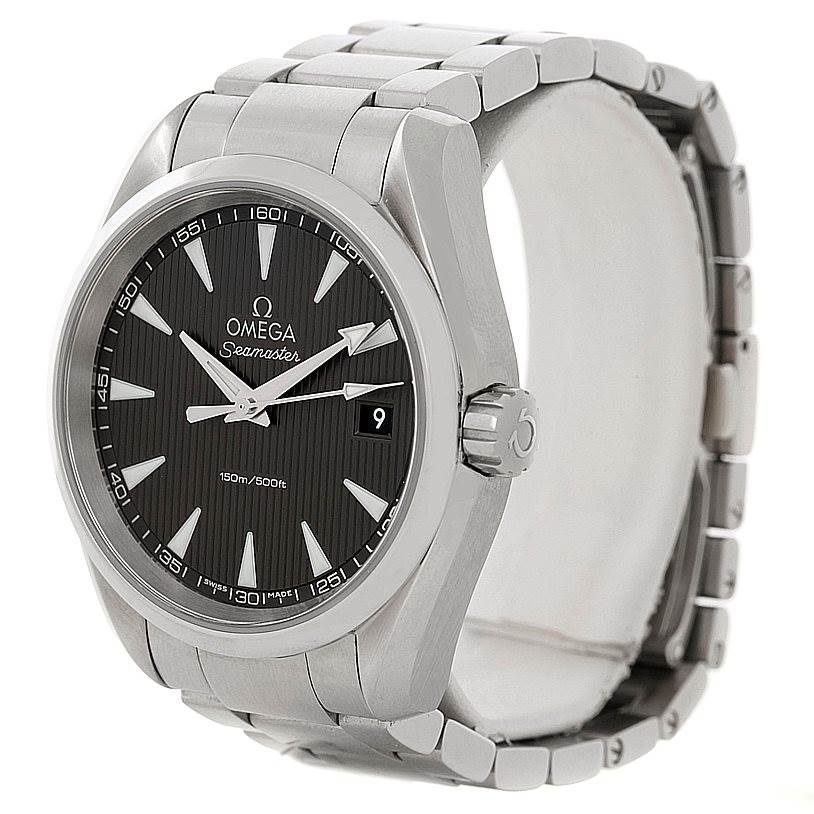 The image shows an Omega Aqua Terra 231.10.39.60.06.001 Men
s Stainless Steel Grey Dial 231.10.39.60.06.001 Men
s Stainless Steel Grey Dial watch, angled to display the face, bezel, crown, and part of the metal bracelet.