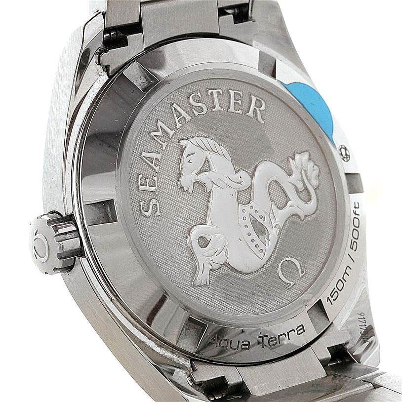 This image shows the back case of the Omega Aqua Terra 231.10.39.60.06.001 Men
s Stainless Steel Grey Dial 231.10.39.60.06.001 Men
s Stainless Steel Grey Dial watch, displaying the Seamaster engraving and the model
s water resistance details.