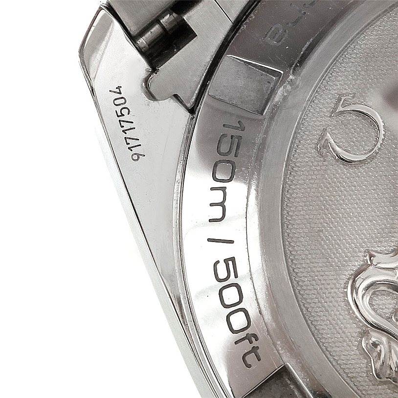 This image shows the back case of the Aqua Terra model by Omega, highlighting water resistance and part of the clasp.