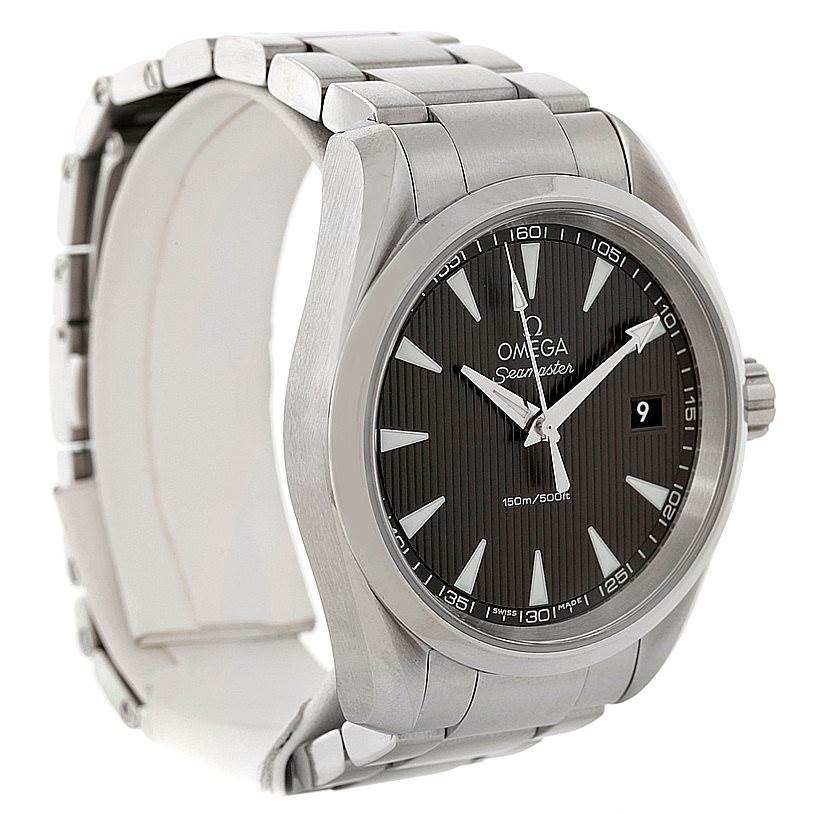 The image shows a front-side angle of the Omega Aqua Terra 231.10.39.60.06.001 Men
s Stainless Steel Grey Dial 231.10.39.60.06.001 Men
s Stainless Steel Grey Dial watch, displaying the face, bezel, and part of the bracelet.