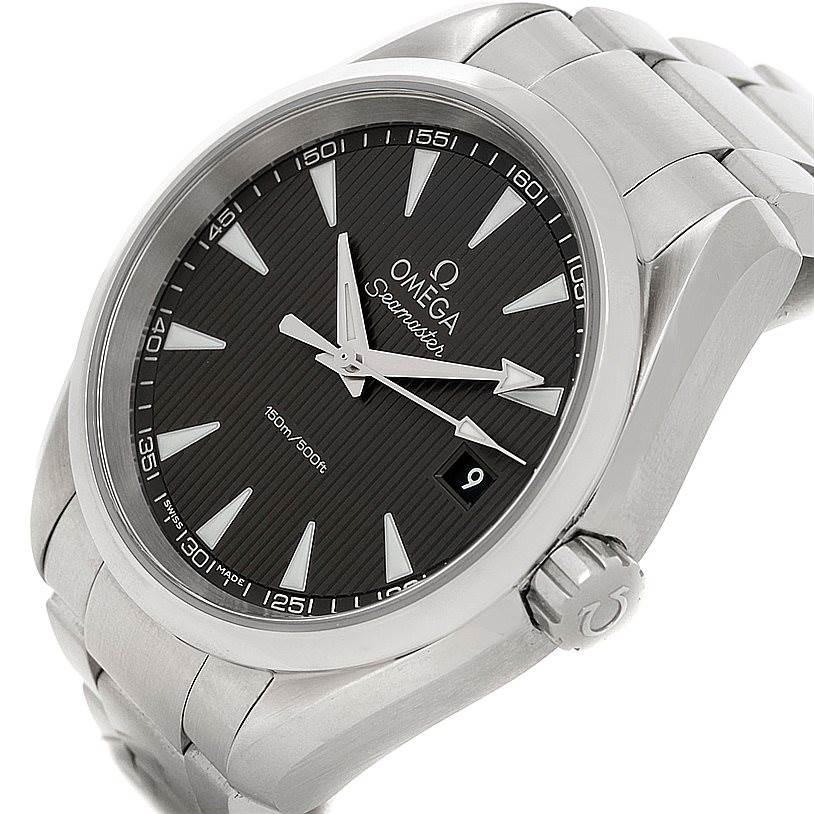 The image shows the face, dial, crown, and bracelet of the Omega Aqua Terra 231.10.39.60.06.001 Men
s Stainless Steel Grey Dial 231.10.39.60.06.001 Men
s Stainless Steel Grey Dial Seamaster watch at a slight angle.