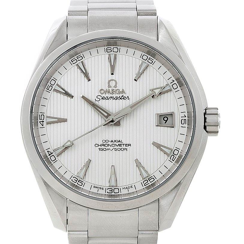 The image shows a front view of the Omega Aqua Terra 231.10.42.21.02.001 Men
s Stainless Steel Silver Dial 231.10.42.21.02.001 Men
s Stainless Steel Silver Dial watch, highlighting the dial, hour markers, and bracelet.