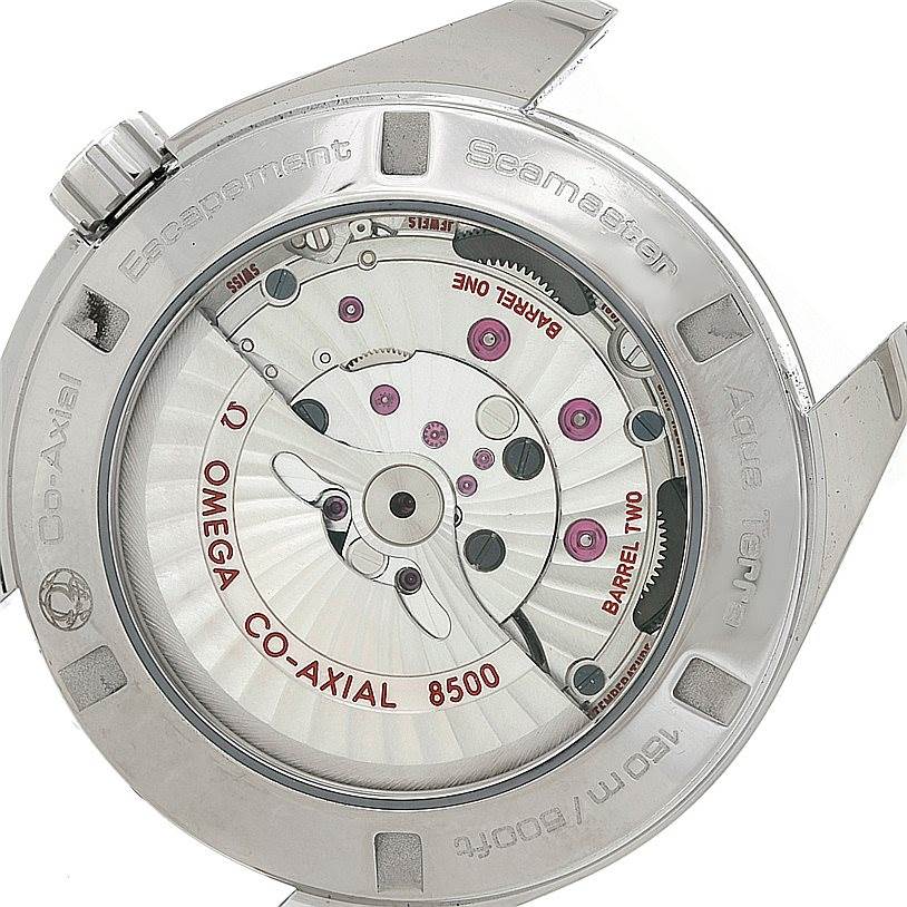 The image shows the back view of the Omega Aqua Terra 231.10.42.21.02.001 Men
s Stainless Steel Silver Dial 231.10.42.21.02.001 Men
s Stainless Steel Silver Dial watch, highlighting the Co-Axial escapement and movement mechanism.