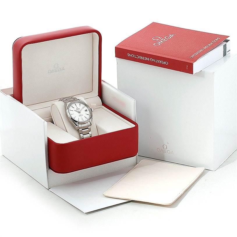 The Omega Aqua Terra 231.10.42.21.02.001 Men
s Stainless Steel Silver Dial 231.10.42.21.02.001 Men
s Stainless Steel Silver Dial watch is shown at a slight angle in its open box, alongside an instruction manual and warranty card holder.