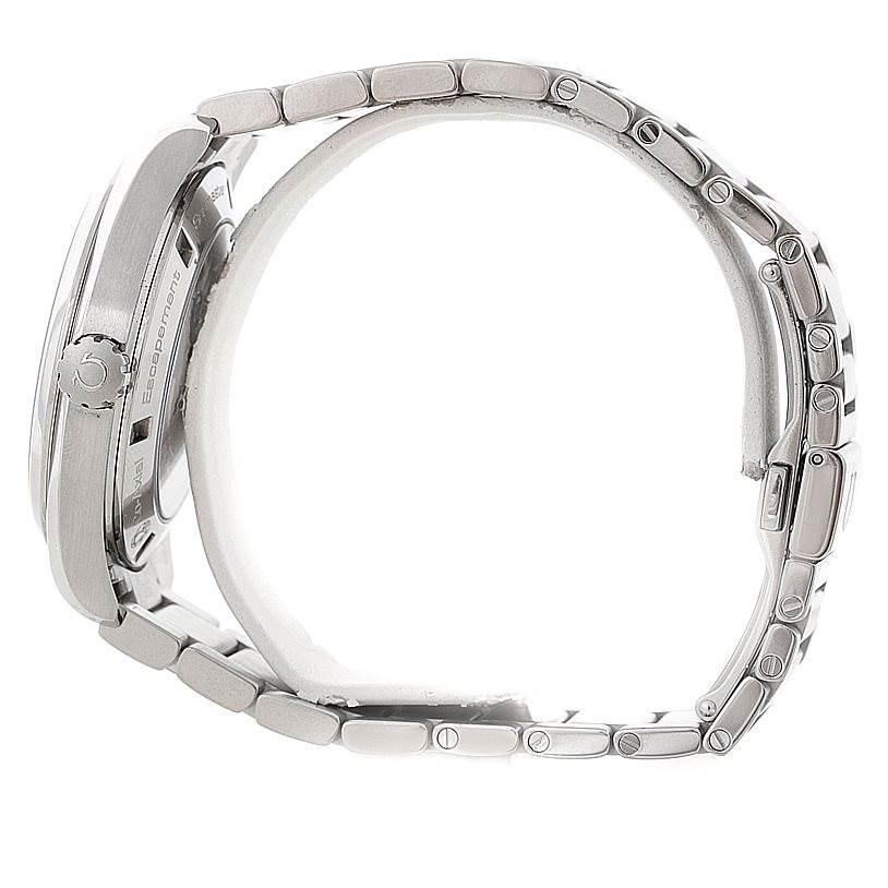 The image shows the side view of an Omega Aqua Terra 231.10.42.21.02.001 Men
s Stainless Steel Silver Dial 231.10.42.21.02.001 Men
s Stainless Steel Silver Dial watch, highlighting the crown and bracelet links.
