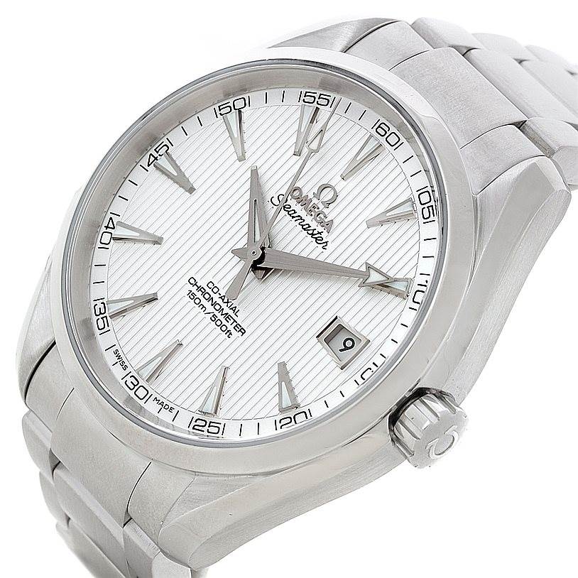 The image shows an Omega Aqua Terra 231.10.42.21.02.001 Men
s Stainless Steel Silver Dial 231.10.42.21.02.001 Men
s Stainless Steel Silver Dial watch at an angle highlighting the face, crown, and part of the stainless steel bracelet.