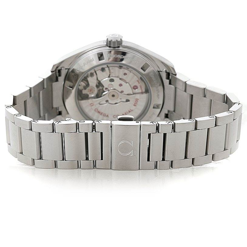 This Omega Aqua Terra 231.10.42.21.02.001 Men
s Stainless Steel Silver Dial 231.10.42.21.02.001 Men
s Stainless Steel Silver Dial watch is shown from the rear angle, highlighting its stainless steel bracelet and transparent case back.