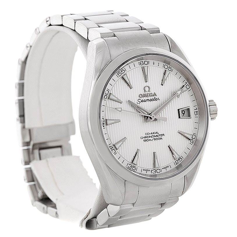 The image shows an Omega Aqua Terra 231.10.42.21.02.001 Men
s Stainless Steel Silver Dial 231.10.42.21.02.001 Men
s Stainless Steel Silver Dial watch from a front angle, showcasing its dial, bezel, and stainless steel bracelet.