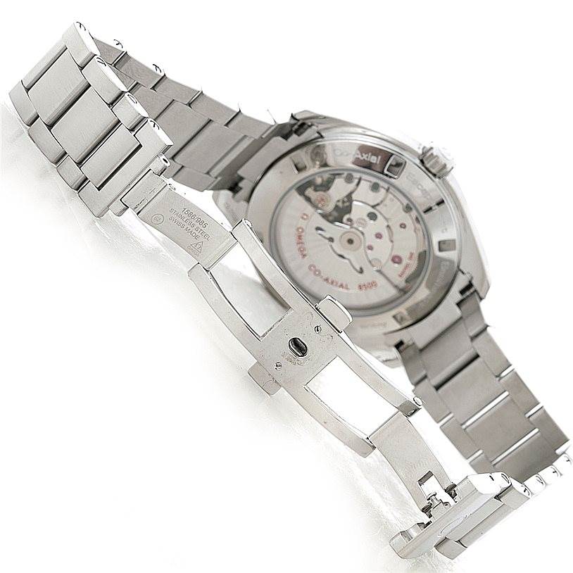 The image shows the back view and clasp of an Omega Aqua Terra 231.10.42.21.02.001 Men
s Stainless Steel Silver Dial 231.10.42.21.02.001 Men
s Stainless Steel Silver Dial watch, highlighting its metal bracelet and exposed movement.