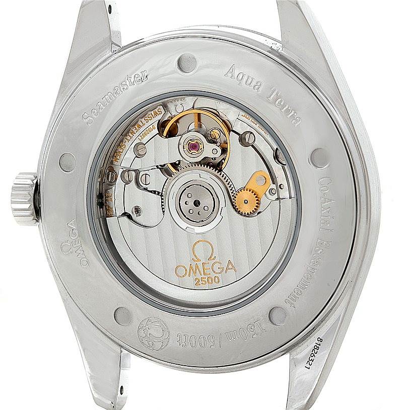 The image shows the back view of an Omega Aqua Terra 2502.34.00 Men
s Stainless Steel Silver Dial 2502.34.00 Men
s Stainless Steel Silver Dial watch, highlighting the movement and inner mechanism.