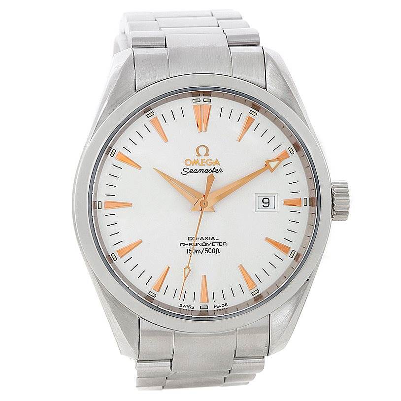 The image shows a frontal view of an Omega Aqua Terra 2502.34.00 Men
s Stainless Steel Silver Dial 2502.34.00 Men
s Stainless Steel Silver Dial Seamaster watch, displaying its face, hands, crown, and bracelet.