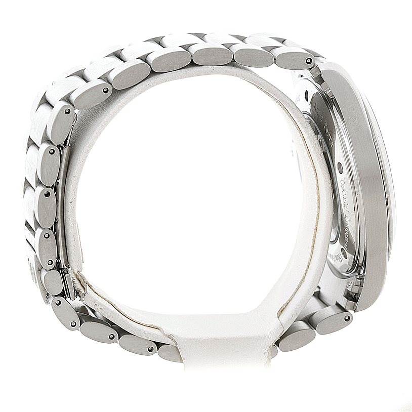 This image shows a side view of the Omega Aqua Terra 2502.34.00 Men
s Stainless Steel Silver Dial 2502.34.00 Men
s Stainless Steel Silver Dial watch, highlighting its bracelet and case back.