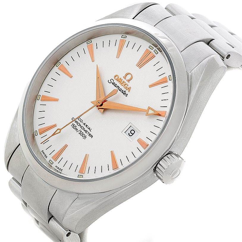 The Omega Aqua Terra 2502.34.00 Men
s Stainless Steel Silver Dial 2502.34.00 Men
s Stainless Steel Silver Dial watch is shown at an angled front view, highlighting its dial, bezel, crown, and part of the metal bracelet.