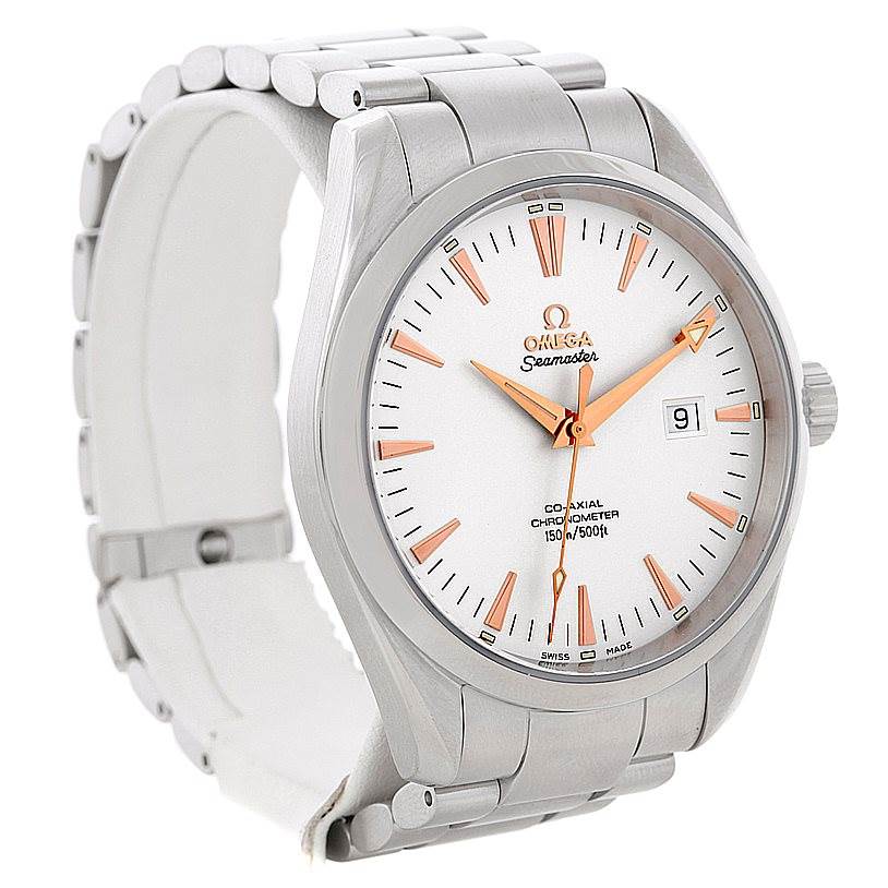 The Omega Aqua Terra 2502.34.00 Men
s Stainless Steel Silver Dial 2502.34.00 Men
s Stainless Steel Silver Dial watch is shown from a front angle, displaying its face, bezel, and part of the metal bracelet.