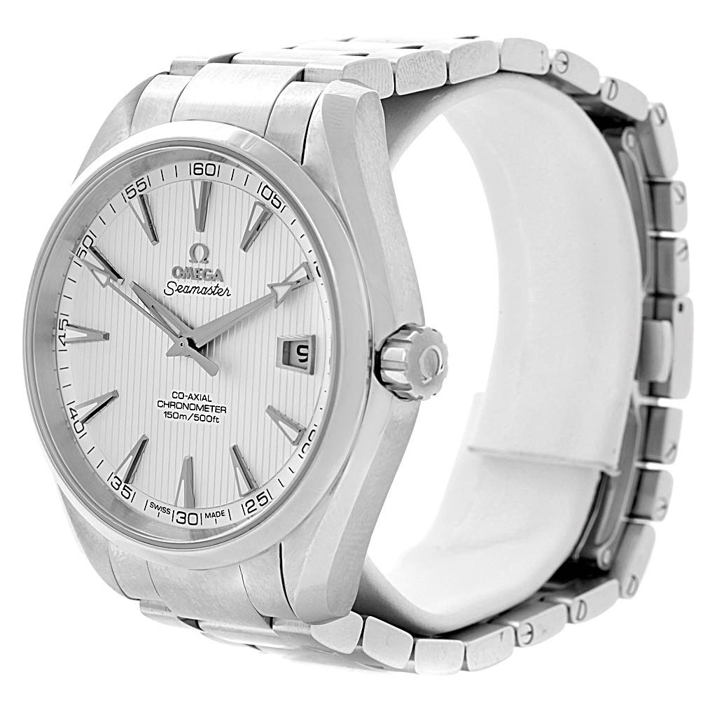 The image shows an Omega Aqua Terra 231.10.42.21.02.001 Men
s Stainless Steel Silver Dial 231.10.42.21.02.001 Men
s Stainless Steel Silver Dial model from a three-quarter view highlighting the face, bezel, crown, and part of the bracelet.