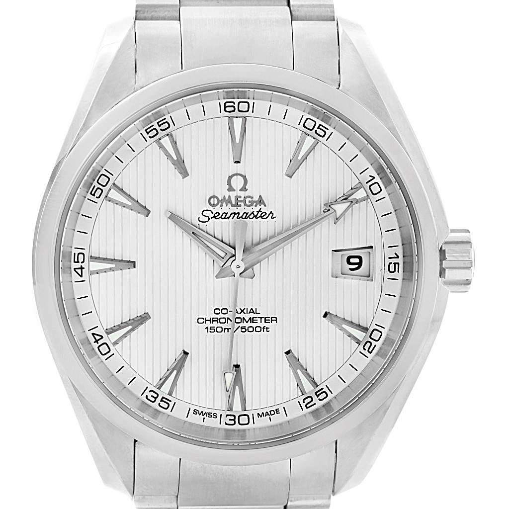 This image shows a frontal view of the Omega Seamaster Aqua Terra watch, highlighting the dial, bezel, bracelet, and date window.