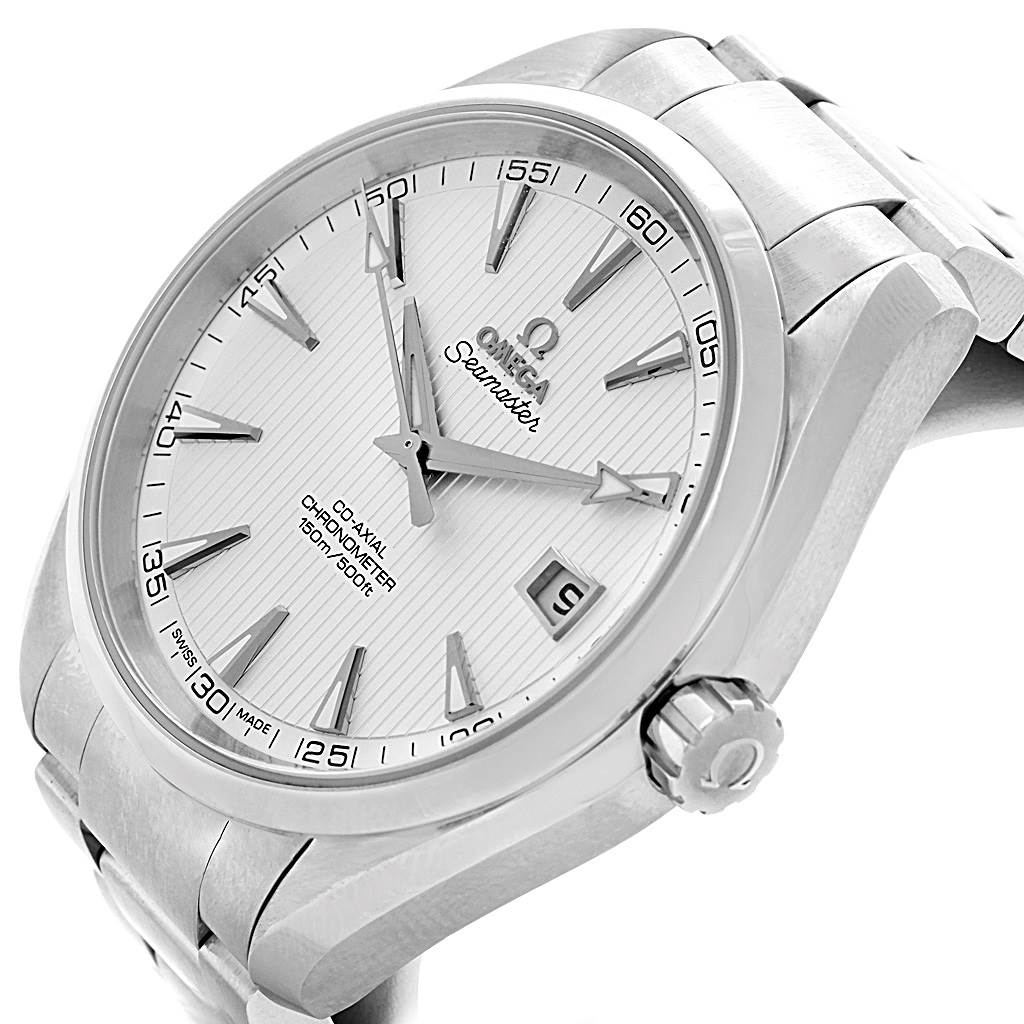 The image shows a close-up of the dial, hands, crown, and part of the band of the Omega Seamaster Aqua Terra watch.