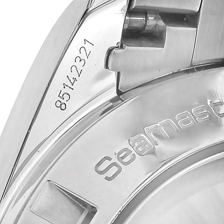 The image shows a close-up of the back and lugs of the Omega Seamaster Aqua Terra watch, highlighting the serial number.