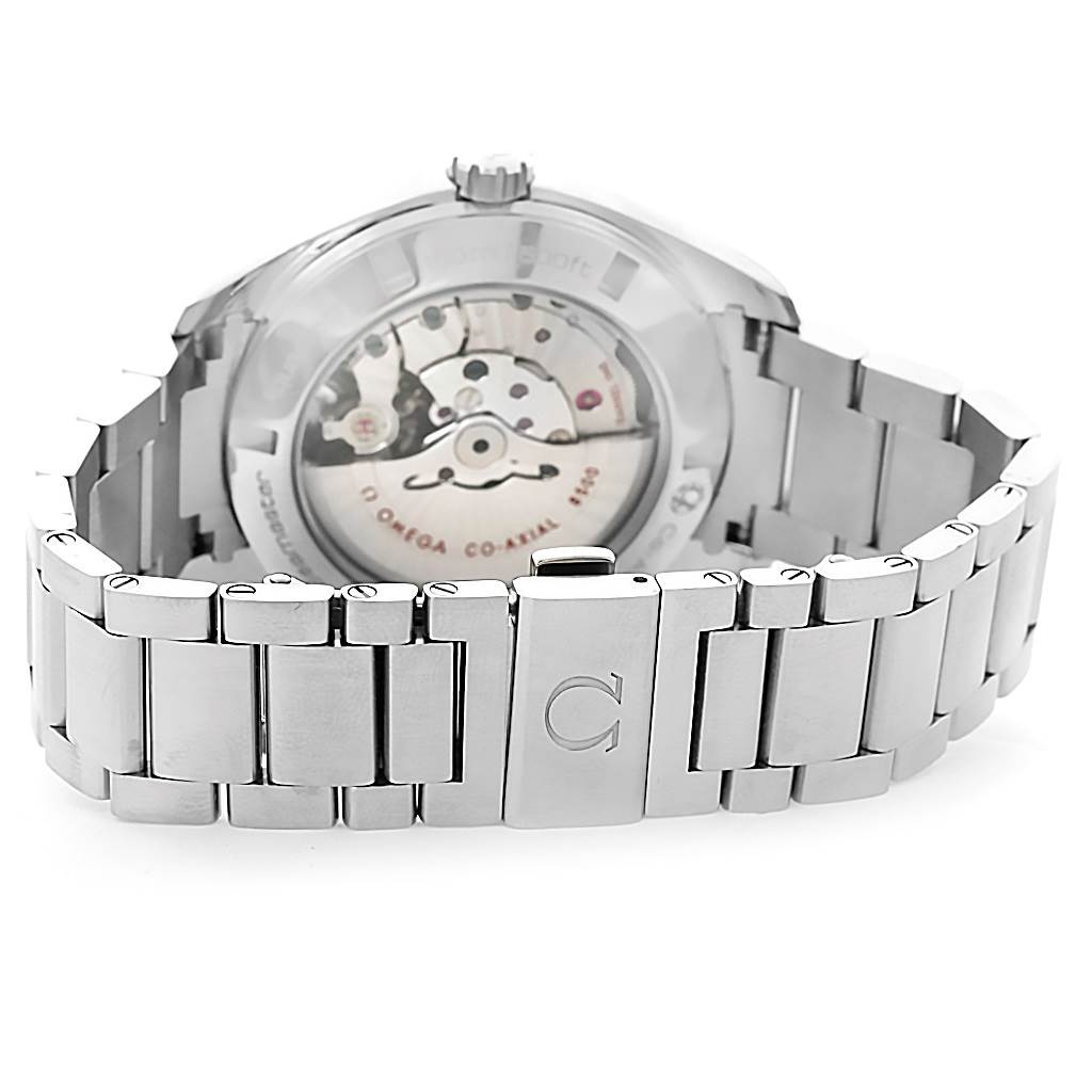 The Omega Aqua Terra 231.10.42.21.02.001 Men
s Stainless Steel Silver Dial 231.10.42.21.02.001 Men
s Stainless Steel Silver Dial watch is shown from the back, highlighting the movement and stainless steel bracelet.