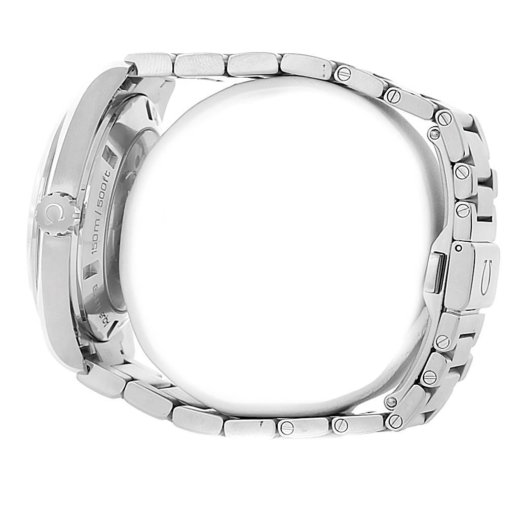 The image shows a side view of the Omega Aqua Terra 231.10.42.21.02.001 Men
s Stainless Steel Silver Dial 231.10.42.21.02.001 Men
s Stainless Steel Silver Dial watch, highlighting the bracelet and case back.