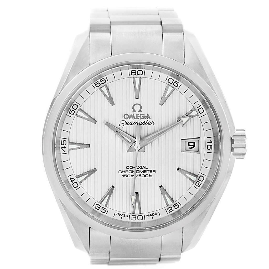 The Omega Aqua Terra 231.10.42.21.02.001 Men
s Stainless Steel Silver Dial 231.10.42.21.02.001 Men
s Stainless Steel Silver Dial watch is shown from the front, displaying the dial, hands, date window, and part of the bracelet.