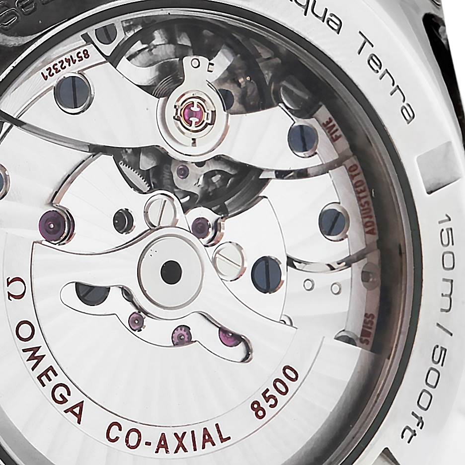 The image shows the back case of the Omega Aqua Terra 231.10.42.21.02.001 Men
s Stainless Steel Silver Dial 231.10.42.21.02.001 Men
s Stainless Steel Silver Dial watch, highlighting the Co-Axial 8500 movement.