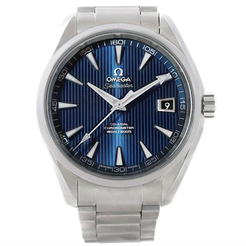 The image shows a frontal view of the Omega Aqua Terra 231.10.42.21.03.001 Men
s Stainless Steel Blue Dial 231.10.42.21.03.001 Men
s Stainless Steel Blue Dial Seamaster watch, highlighting its blue dial and stainless steel bracelet.