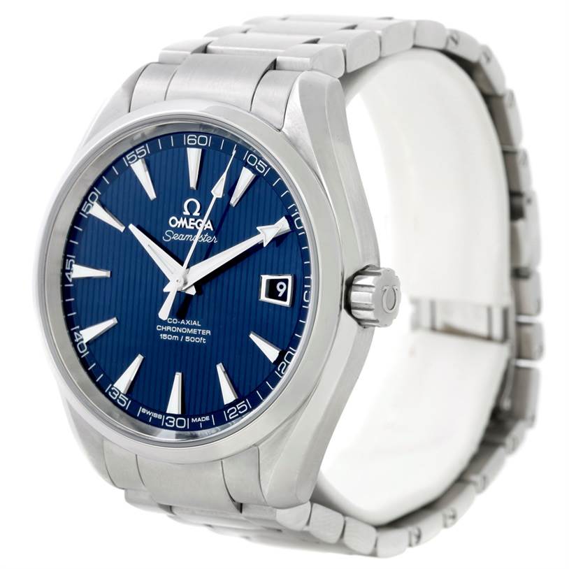 The Omega Aqua Terra 231.10.42.21.03.001 Men
s Stainless Steel Blue Dial 231.10.42.21.03.001 Men
s Stainless Steel Blue Dial watch is shown from an angled view, highlighting its face, bezel, crown, and stainless steel bracelet.