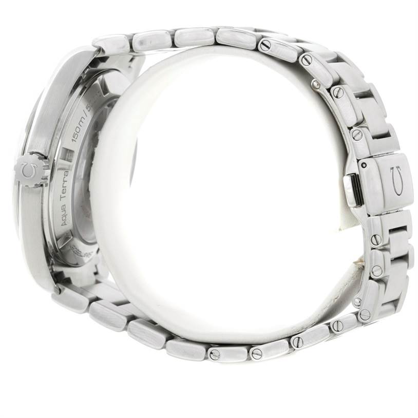 This side view of the Omega Aqua Terra 231.10.42.21.03.001 Men
s Stainless Steel Blue Dial 231.10.42.21.03.001 Men
s Stainless Steel Blue Dial watch shows its stainless steel bracelet and the case back detailing.