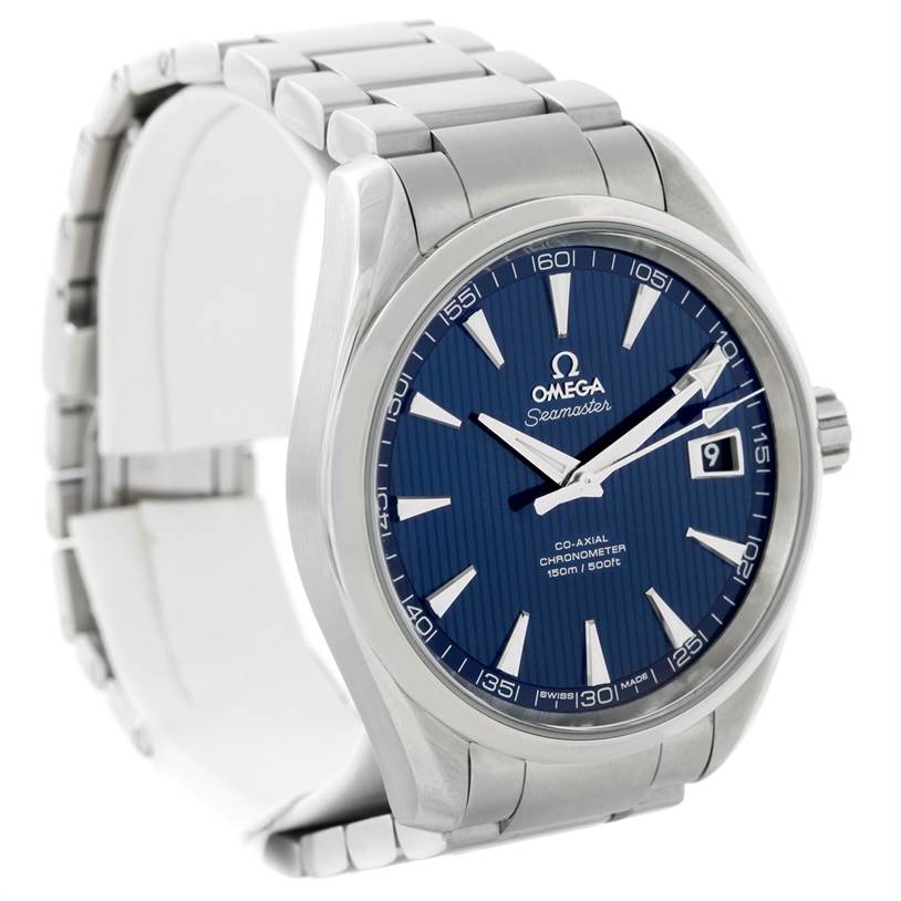 The Omega Aqua Terra 231.10.42.21.03.001 Men
s Stainless Steel Blue Dial 231.10.42.21.03.001 Men
s Stainless Steel Blue Dial watch is shown at a three-quarter angle, displaying the dial, bezel, and part of the bracelet.