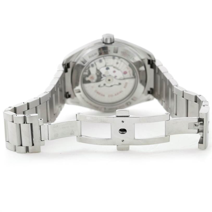 The image shows the back view of the Omega Aqua Terra 231.10.42.21.03.001 Men
s Stainless Steel Blue Dial 231.10.42.21.03.001 Men
s Stainless Steel Blue Dial watch, highlighting the open clasp and metal bracelet.