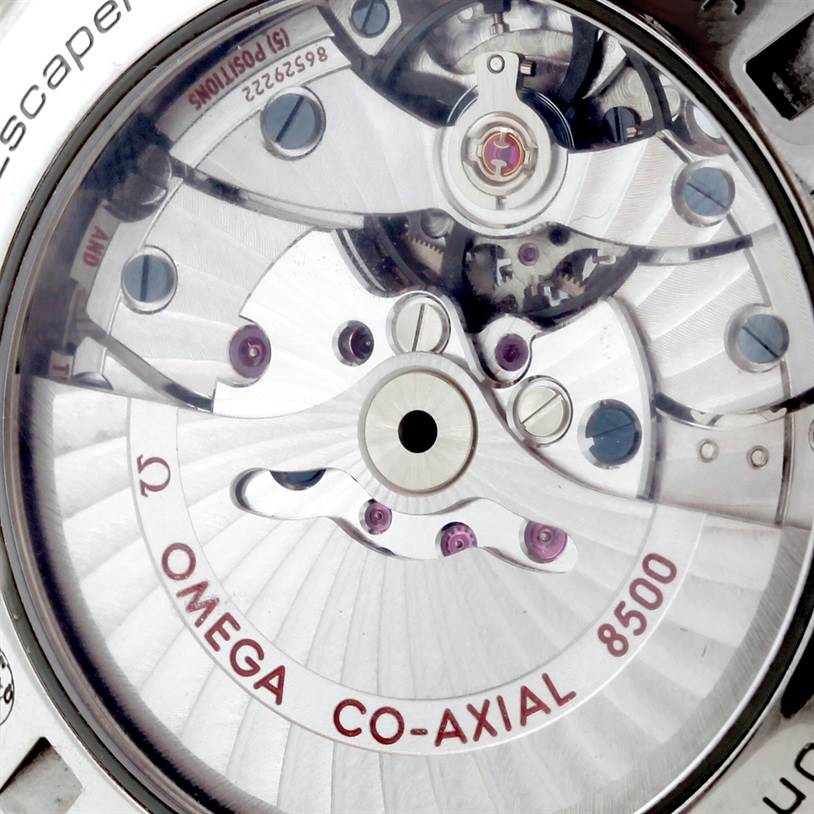 The image shows a close-up of the movement mechanisms on the back of an Omega Aqua Terra 231.10.42.21.03.001 Men
s Stainless Steel Blue Dial 231.10.42.21.03.001 Men
s Stainless Steel Blue Dial Co-Axial 8500 watch.