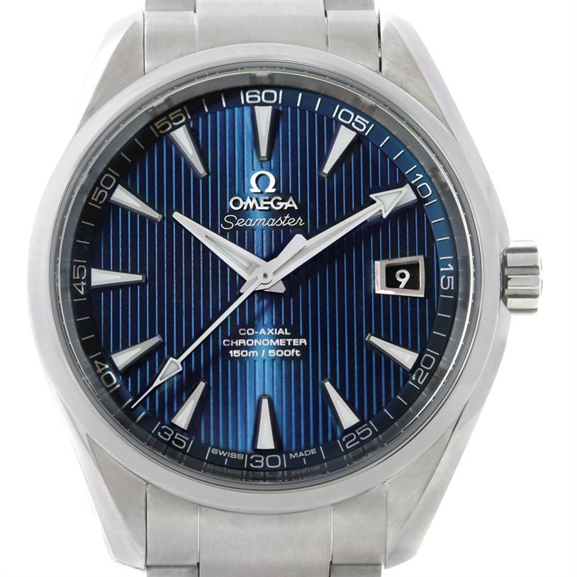 The Omega Aqua Terra 231.10.42.21.03.001 Men
s Stainless Steel Blue Dial 231.10.42.21.03.001 Men
s Stainless Steel Blue Dial watch is shown from a front angle, displaying its blue dial, silver hands, hour markers, and bracelet.