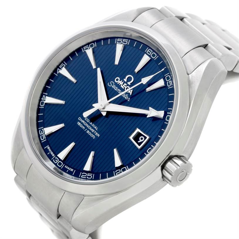 This image shows a side and partial top view of an Omega Aqua Terra 231.10.42.21.03.001 Men
s Stainless Steel Blue Dial 231.10.42.21.03.001 Men
s Stainless Steel Blue Dial watch, highlighting the dial, bezel, bracelet, and crown.