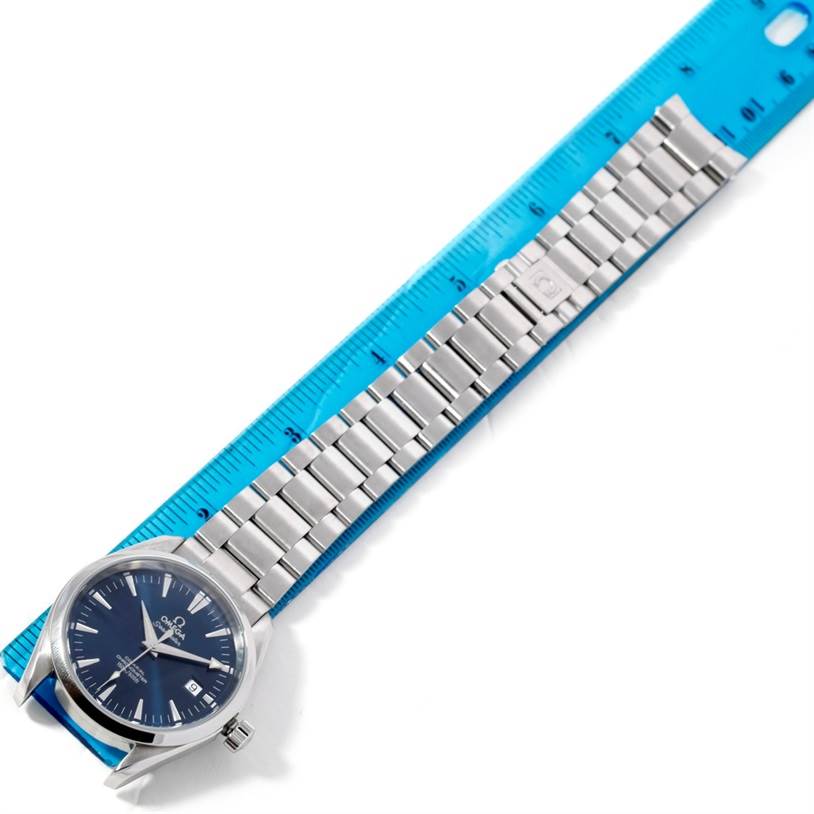 The Omega Aqua Terra 2502.30.00 Men
s Stainless Steel Blue Dial 2502.30.00 Men
s Stainless Steel Blue Dial watch is shown from a top-down angle, displaying its face, stainless steel bracelet, and clasp.